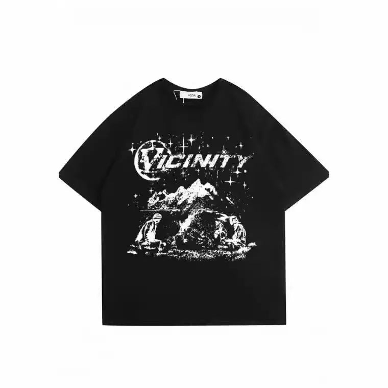 Men's grey hip hop graphic print t-shirt on a hanger, showing retro design on polyester fabric.