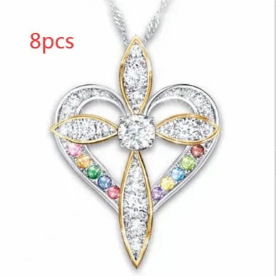 Alloy heart shaped cross pendant necklace on adjustable clavicle chain, unisex style, electroplated finish