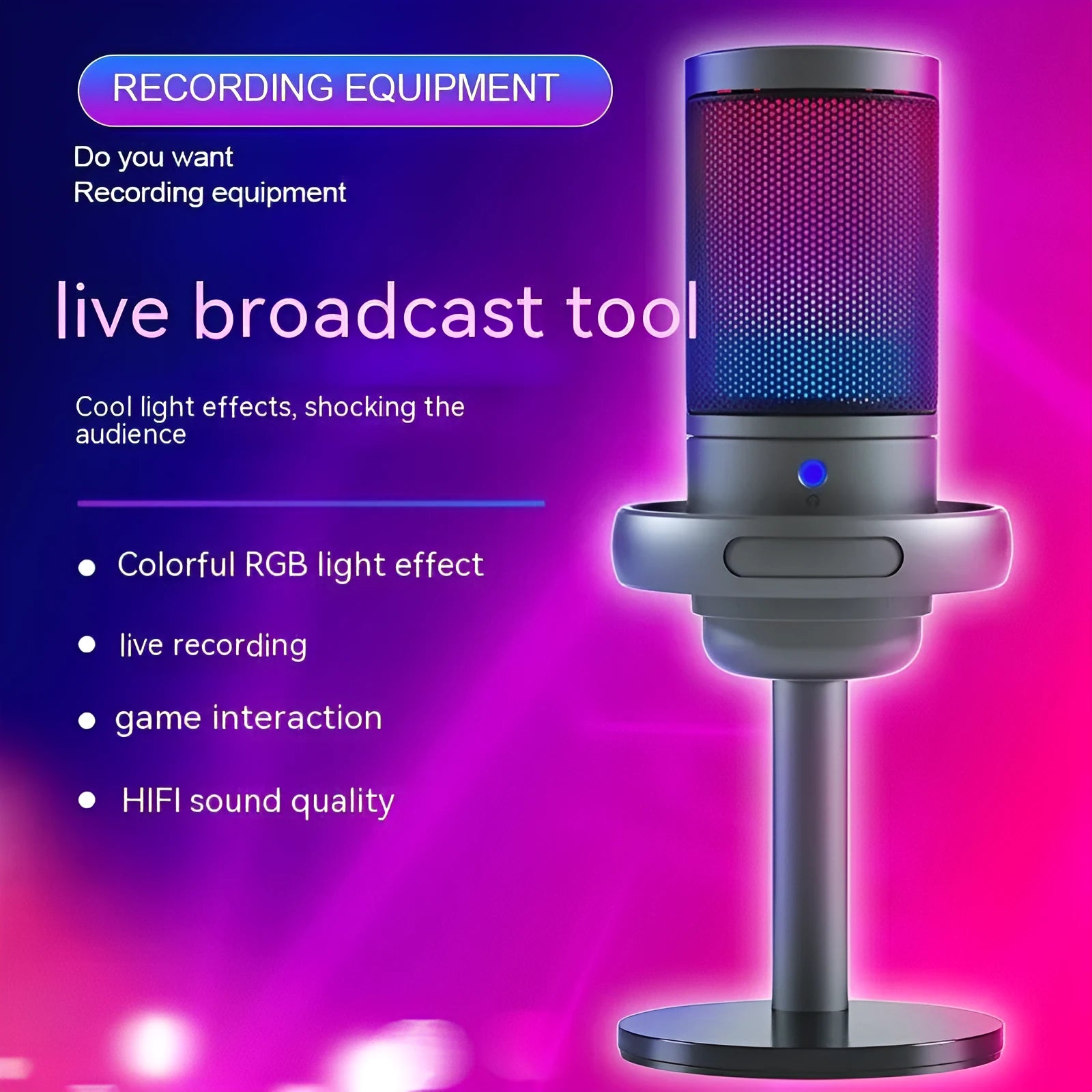 RGB condenser microphone with USB cable in black, white, or pink colour for streaming