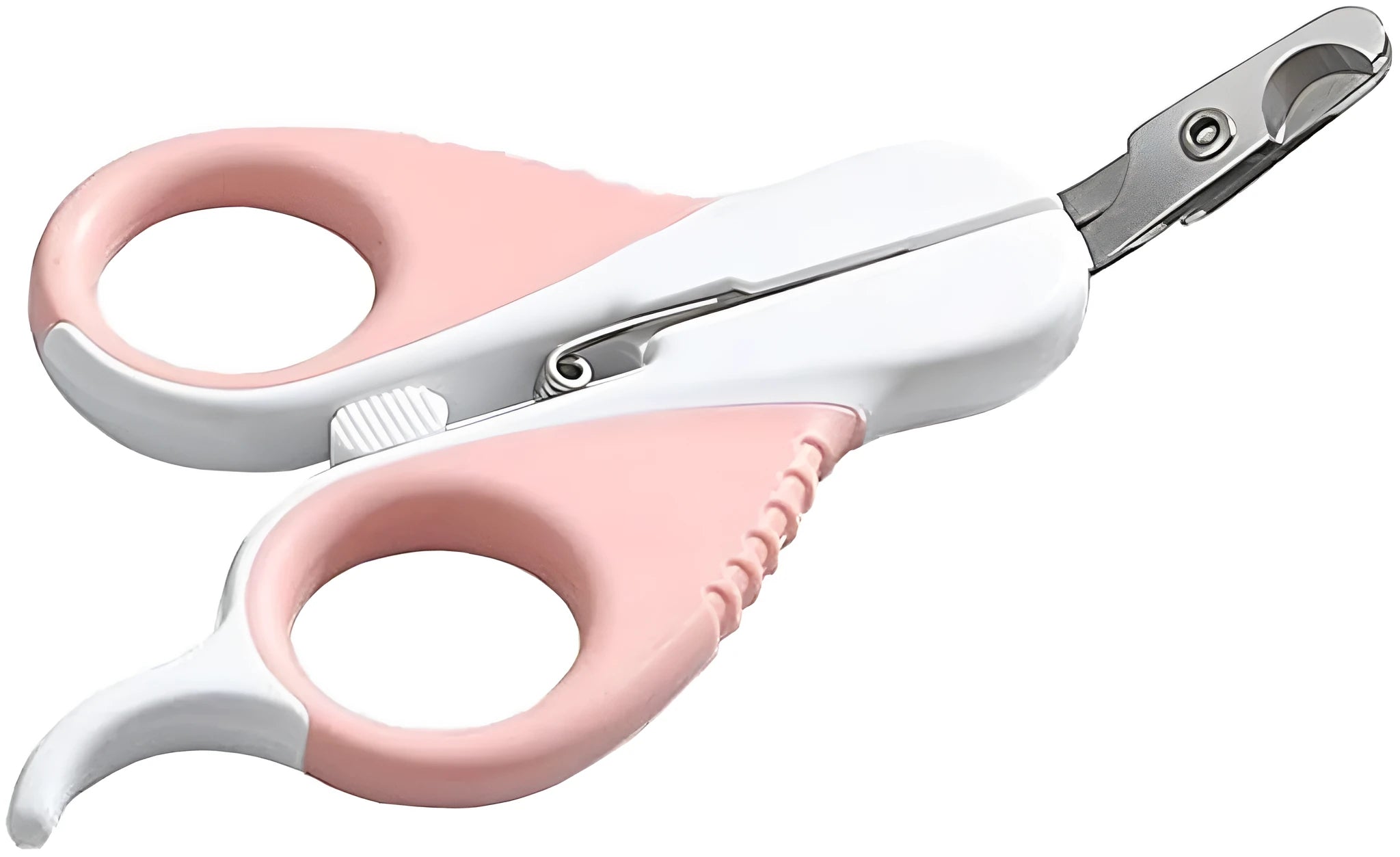 Grey and pink cat nail clippers with a safety guard and angled stainless steel blade.