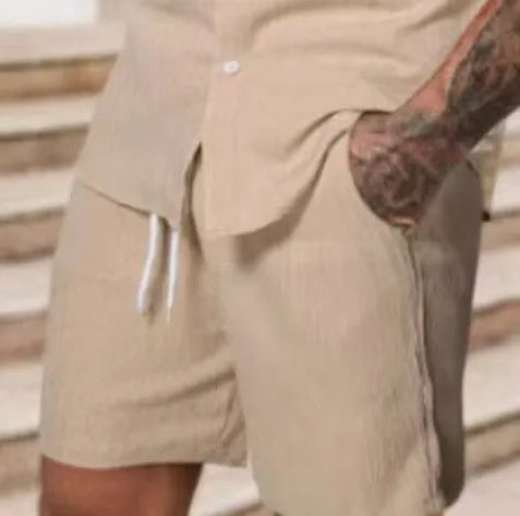 Men's casual striped print suit set with short sleeve shirt and matching shorts in colour YT50313P1