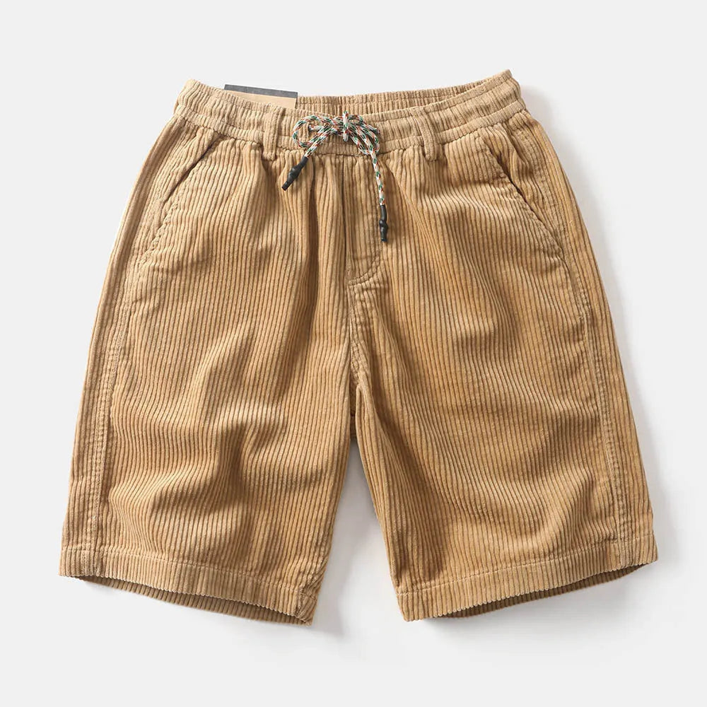 Men's khaki cargo shorts with multiple pockets showing retro American street style and straight-leg fit