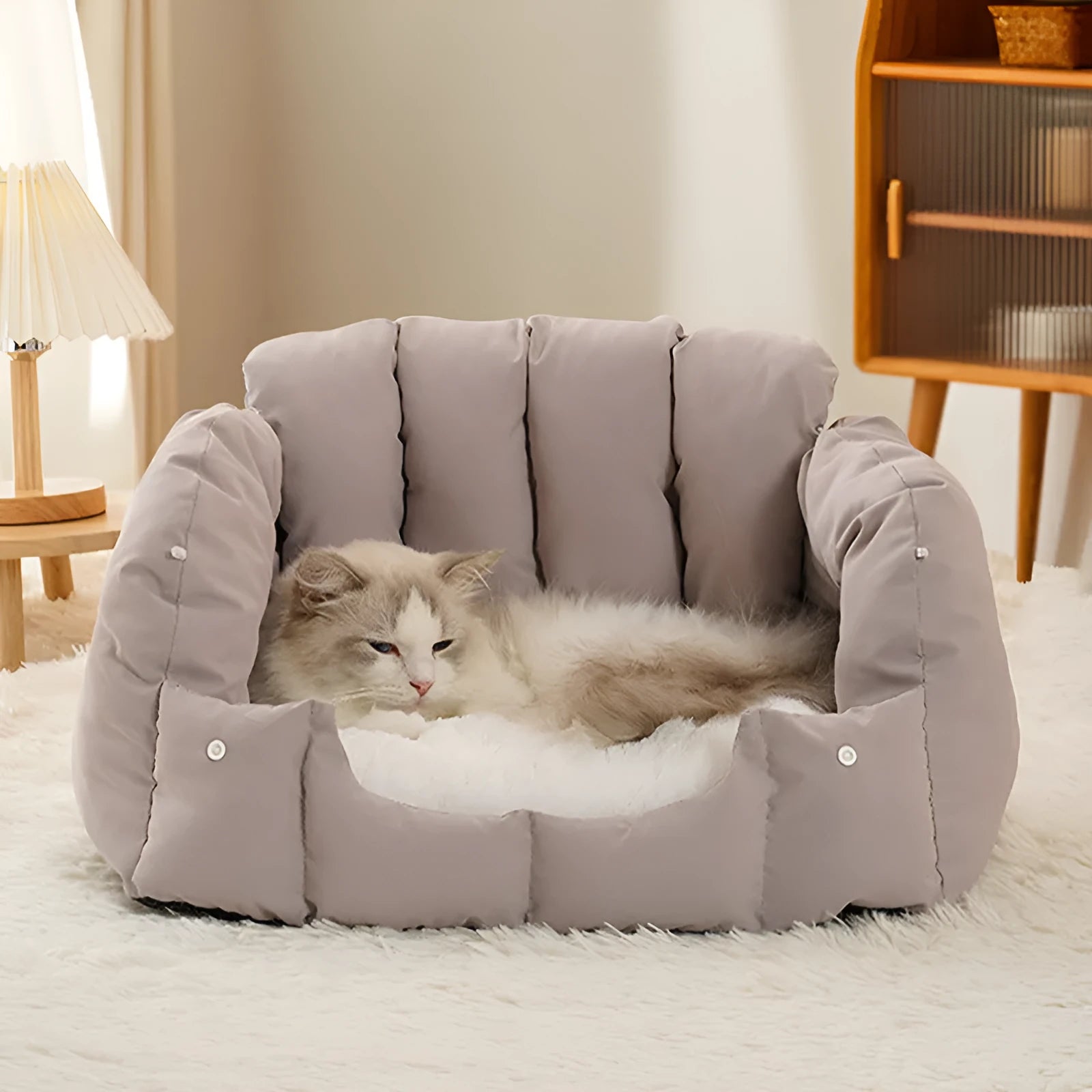 Grey arched cat nest with a detachable sofa base, showing enclosed pet bed design.