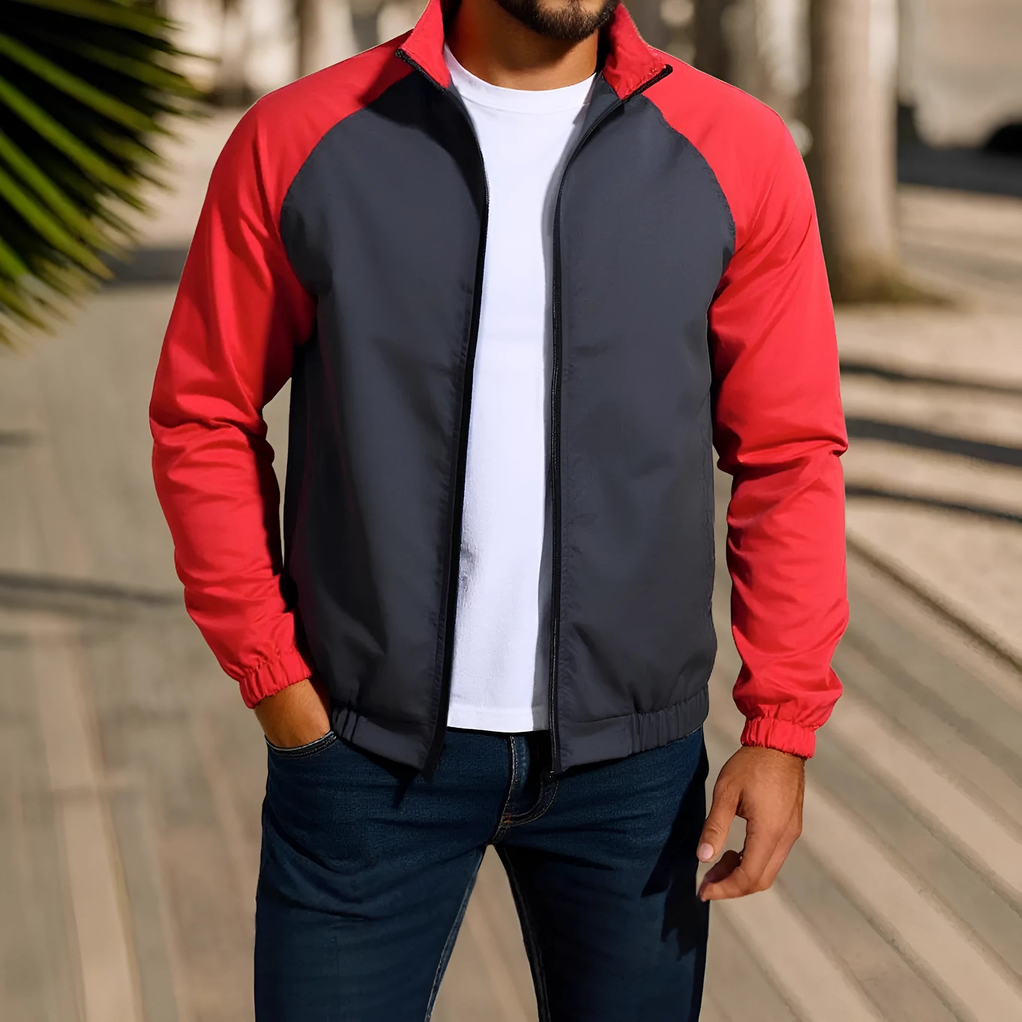 Men's loose-fitting casual coat with a stand collar and contrast trim, shown in green.