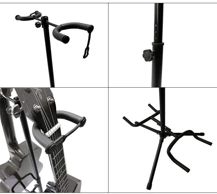 Black vertical double-headed adjustable guitar stand holding two guitars.