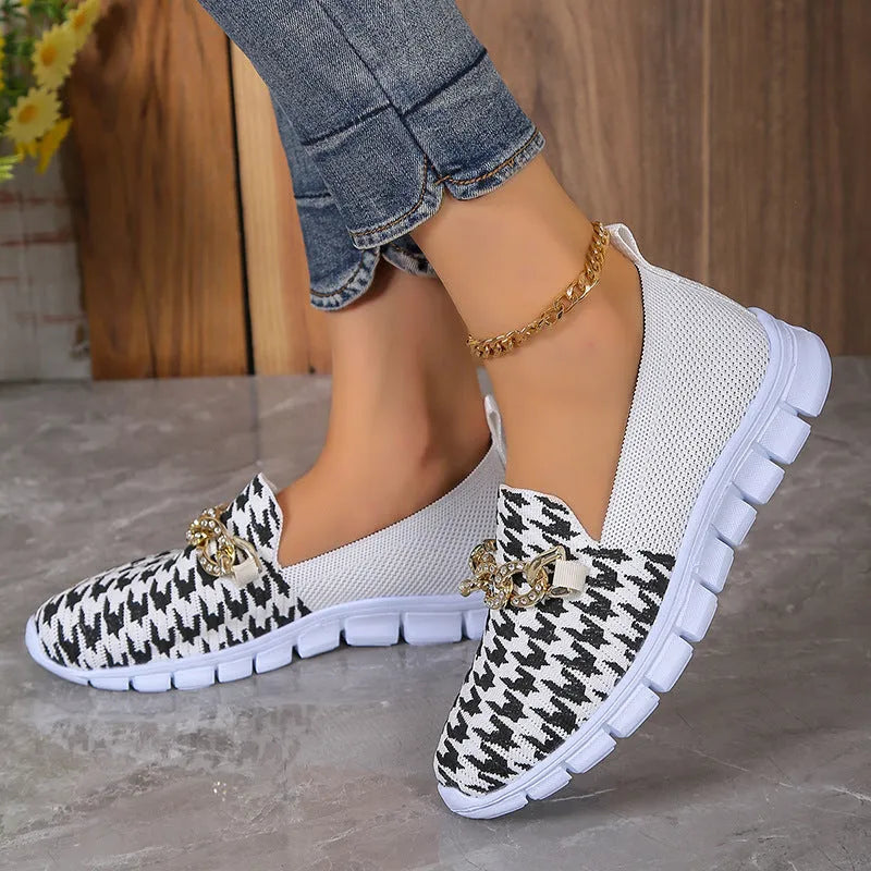 Casual houndstooth print chain mesh shoes for women, breathable round toe loafers with platform heel, rubber sole - orange red and white colours