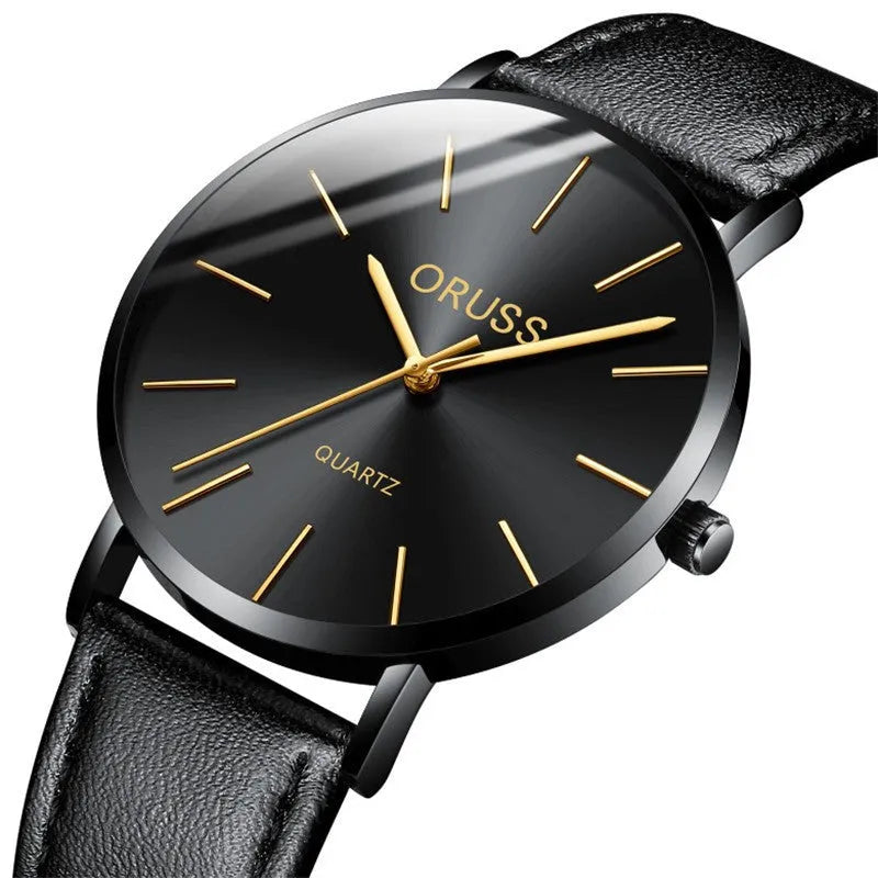 Men's ultra-thin quartz belt watch with alloy case, mineral glass mirror, black dial, and leather-style strap