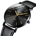 Men's ultra-thin quartz belt watch with alloy case, mineral glass mirror, black dial, and leather-style strap