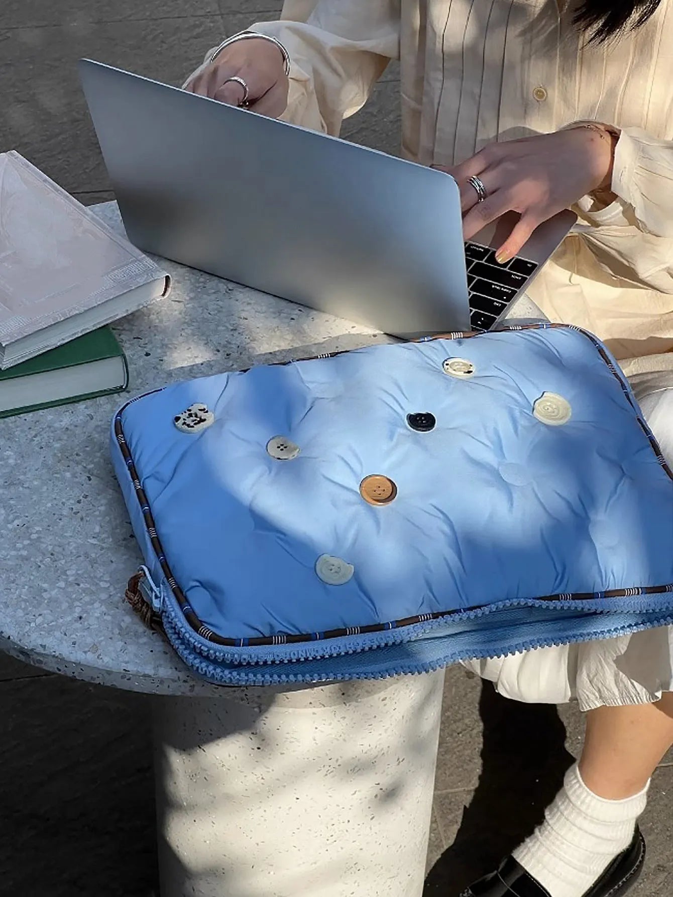 Blue plaid pattern nylon laptop sleeve for 13.3 to 16 inch computers with stowable design