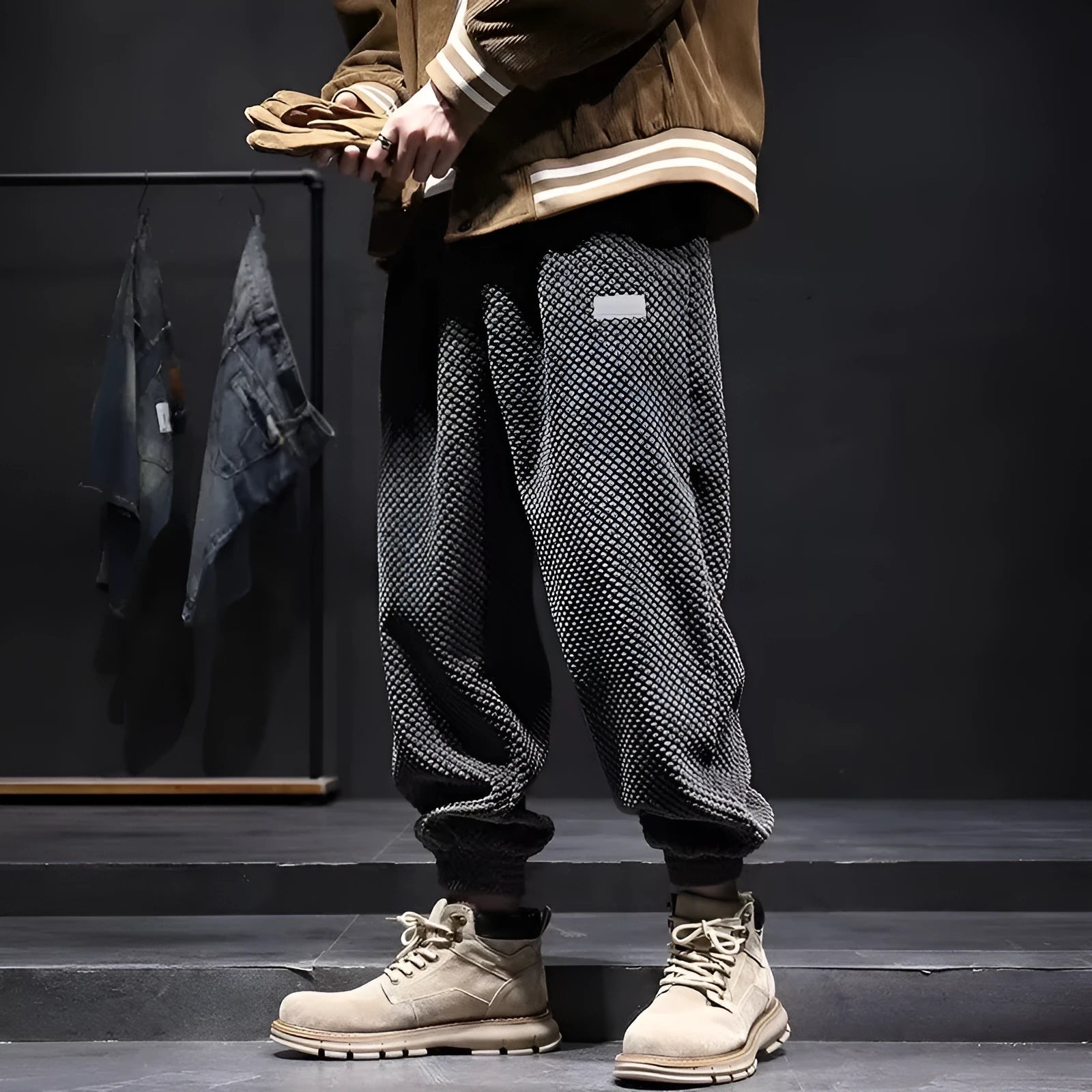 Men's grey ankle-tie sweatpants with straight-leg design for casual sports wear