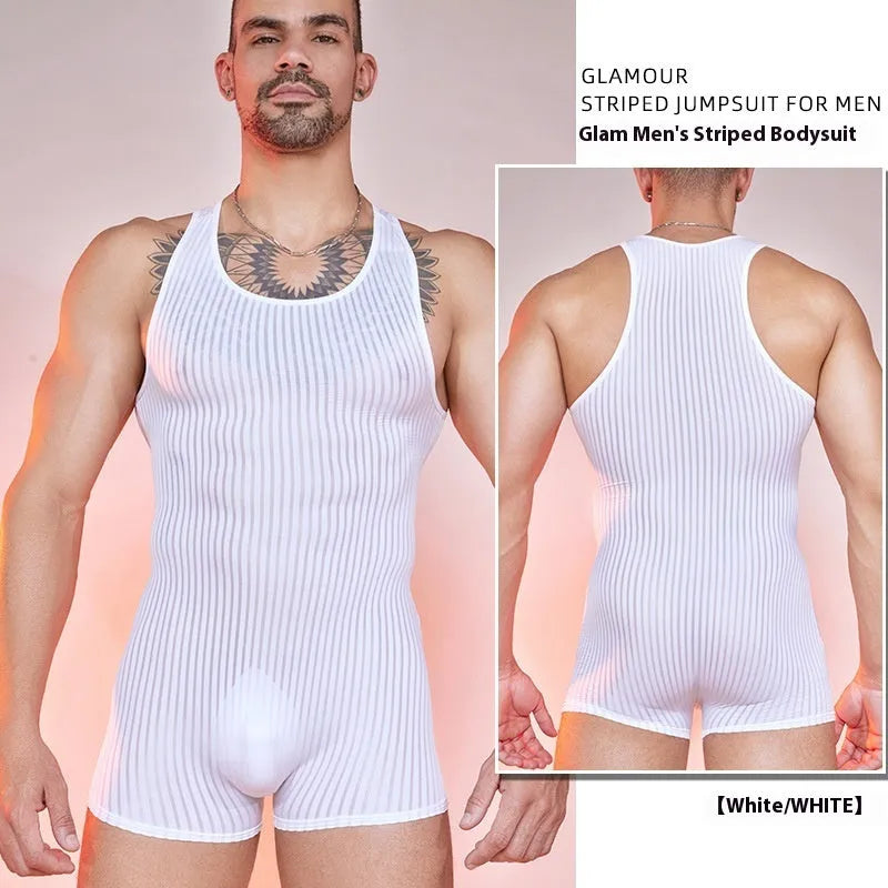 Men's striped nylon jumpsuit in black with vertical bars, free size