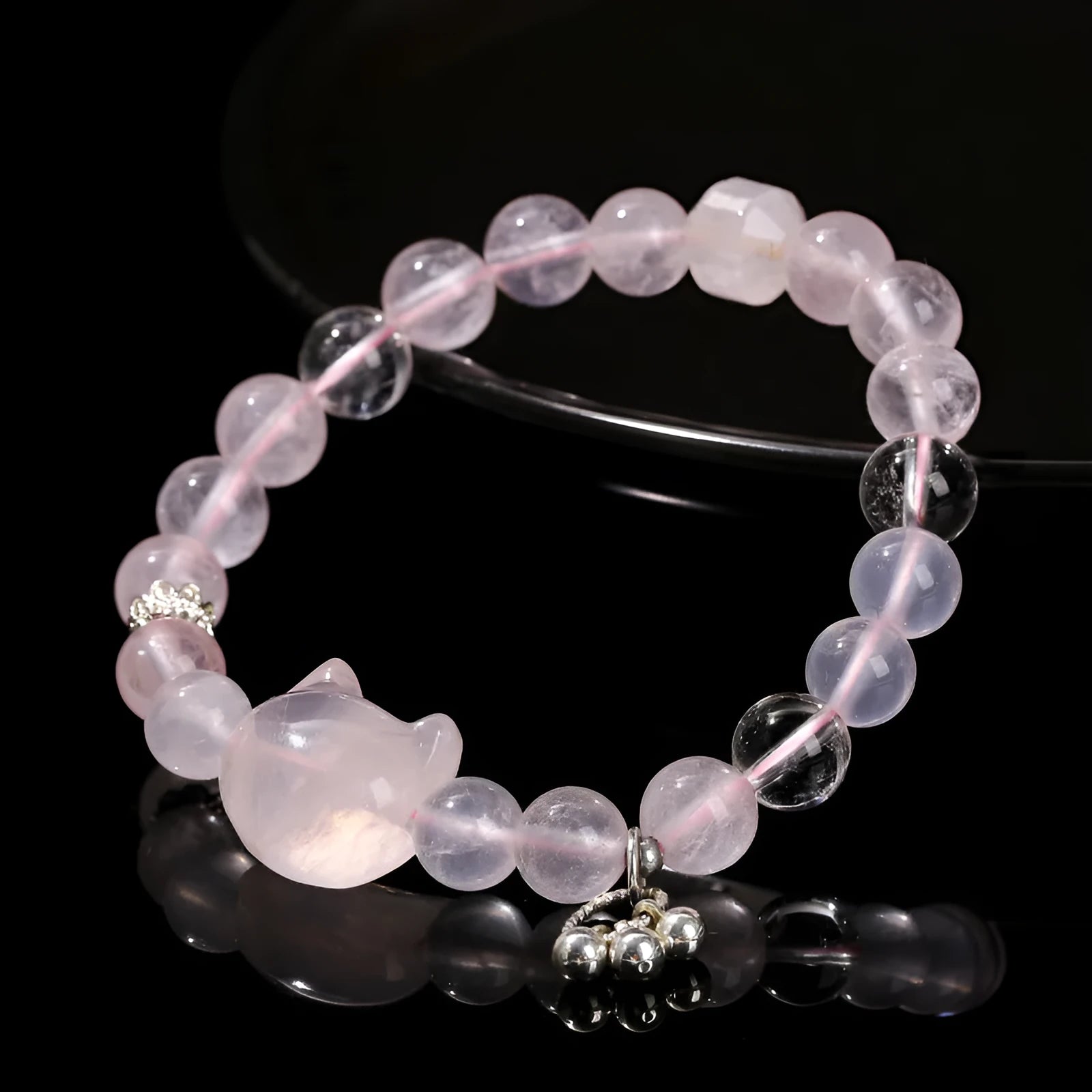 Women's handmade crystal cat head bracelet with natural star light pink crystal and copper geometric setting