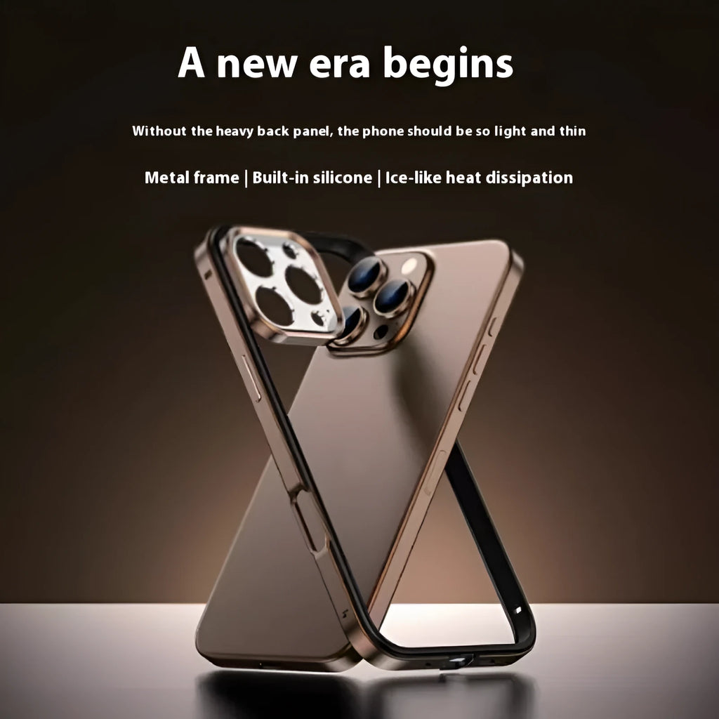 Hollow out heat dissipation metal phone case with lens film in black for iPhone 15 Pro Max