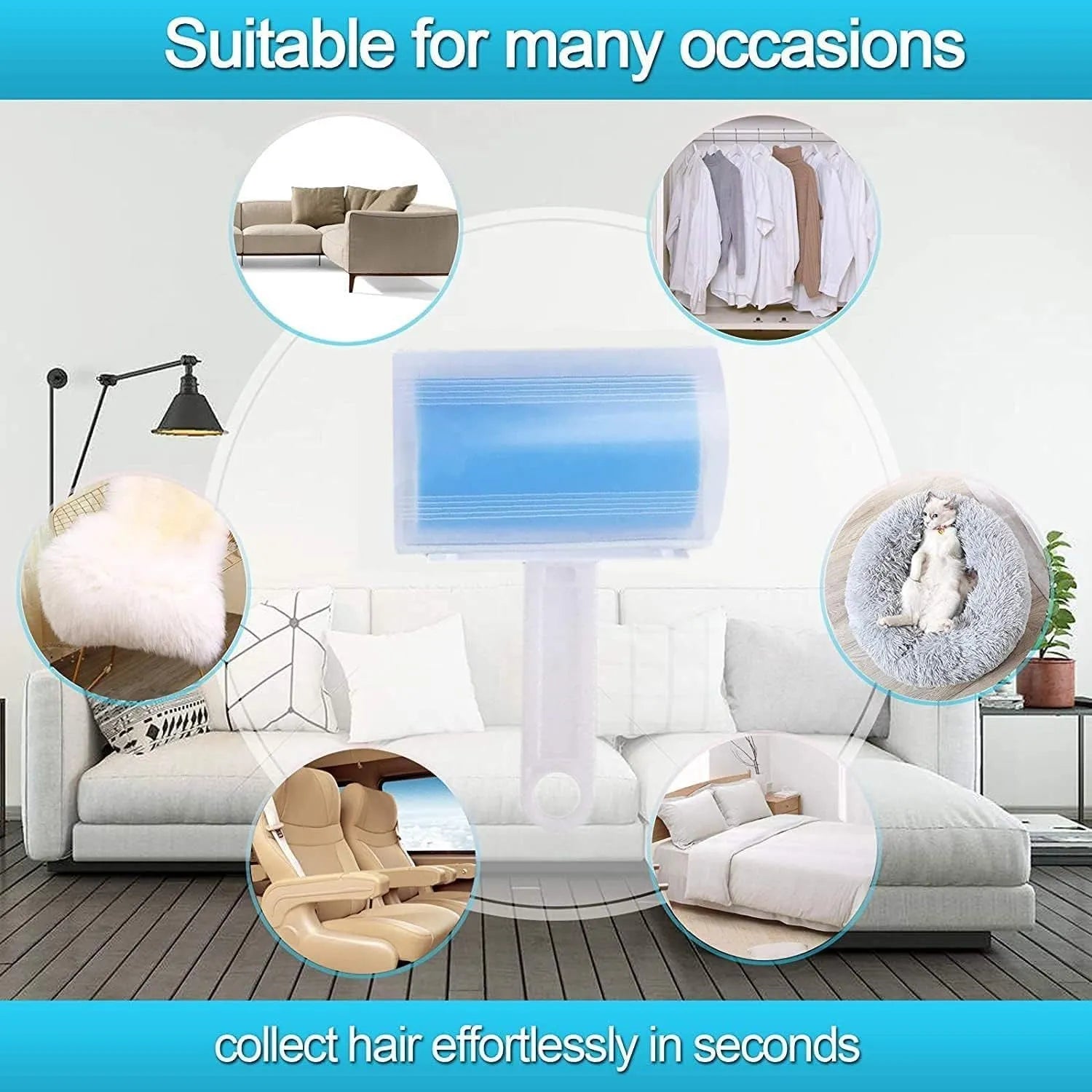 Blue washable reusable lint roller with cover for removing pet hair from clothes and sofas