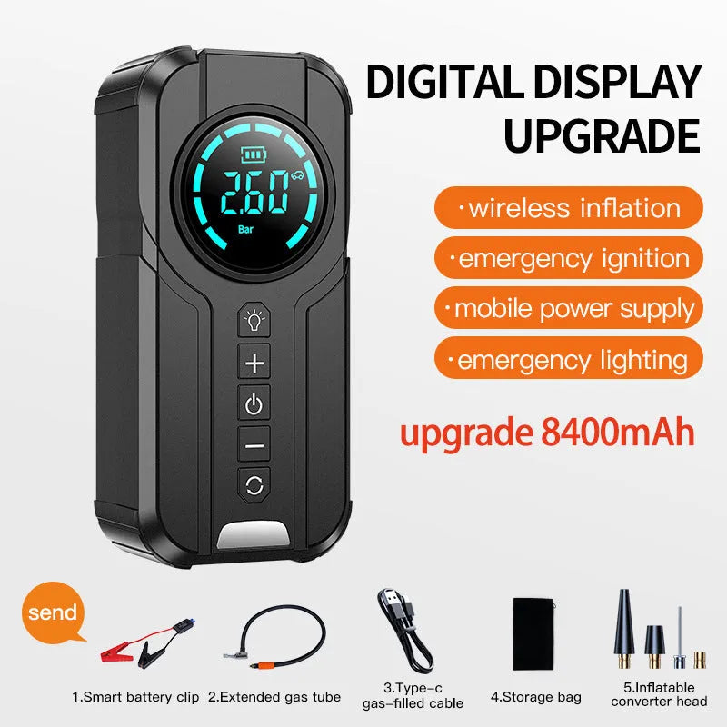 Black portable wireless air pump with digital display, 6000mAh battery, 12V car cable, and nozzle accessories on a grey background