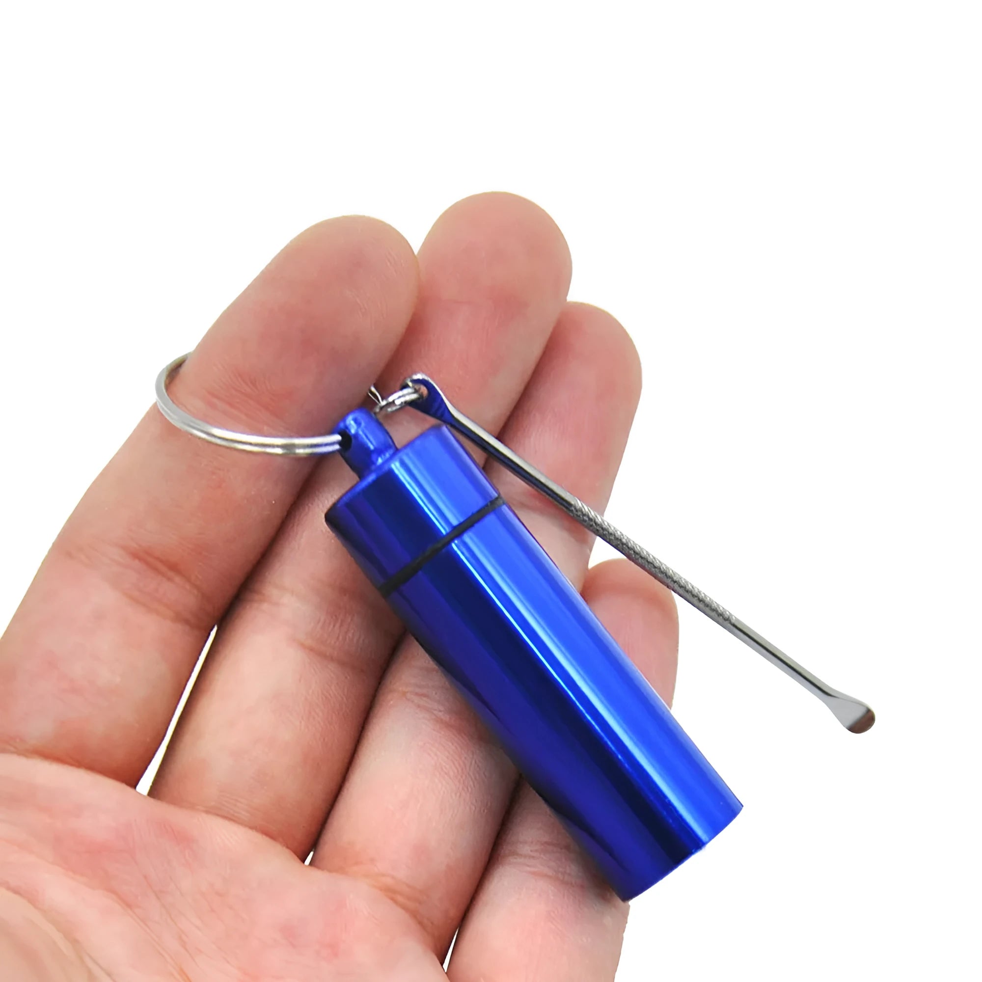 Aluminium pill storage bottle with built-in measuring spoon and keychain attachment in multiple colour options