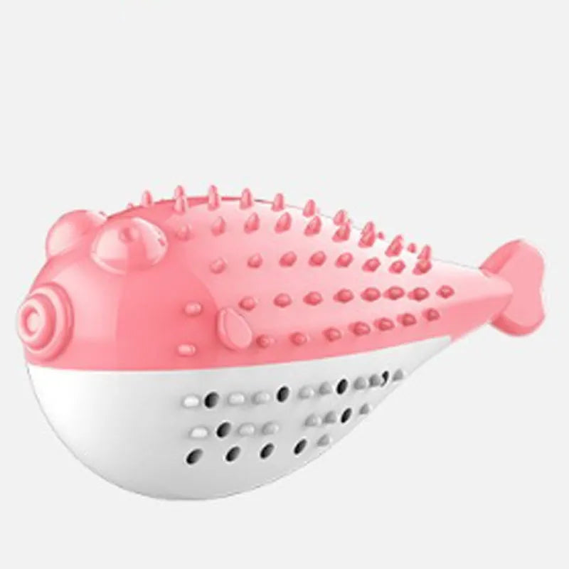Blue silicone fish-shaped cat chew toy on a white background.