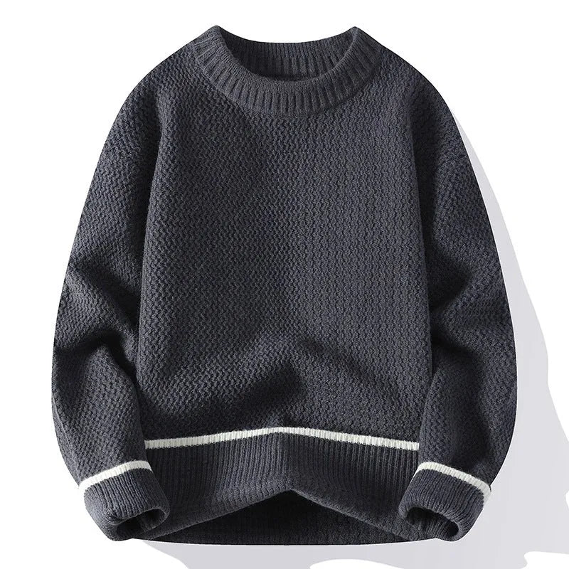 A grey men's loose round-neck pullover sweater with long sleeves on a hanger.