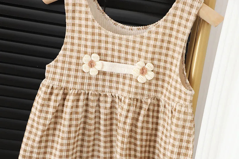 Baby girl cotton blend dress suit with plaid pattern and long sleeves in dark coffee colour