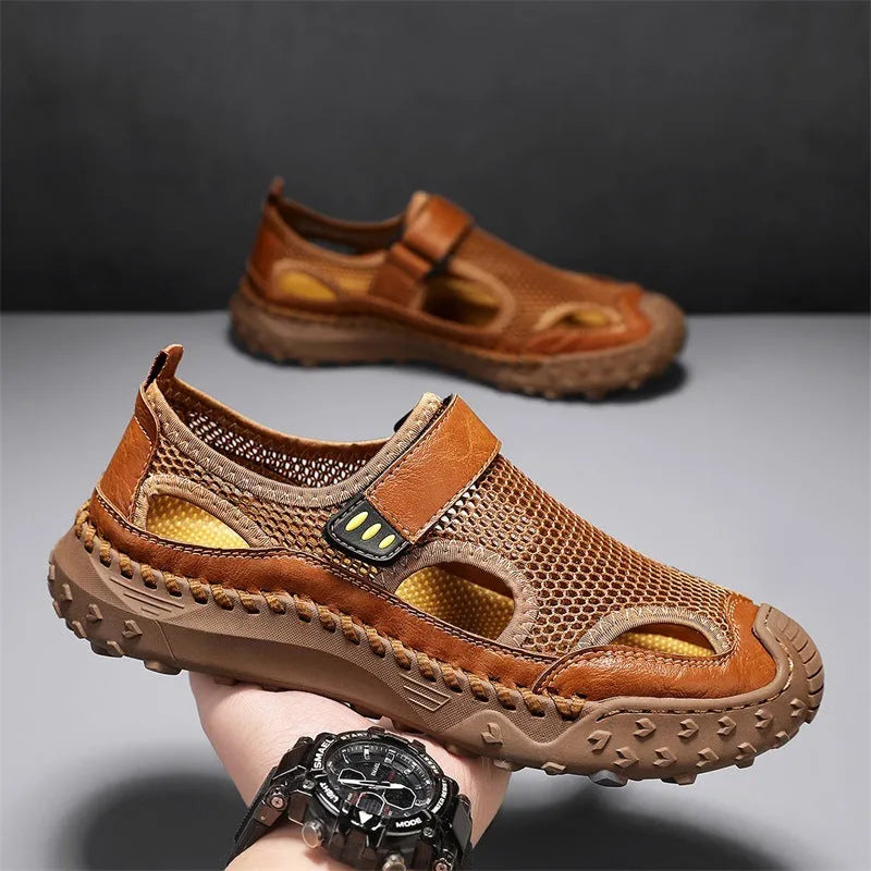 Men's casual sandals with breathable mesh upper and Velcro strap in black, brown, and grey.