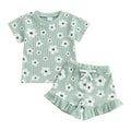Baby girls printed round neck short sleeve shorts suit in four colours - brown, green, pink, purple - polyester blouse and pants set