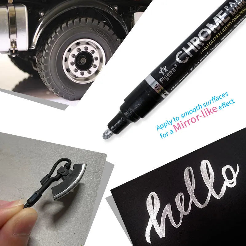 Flysea reflective chrome pen with metal tip for writing on glass, ceramic, and plastic surfaces.