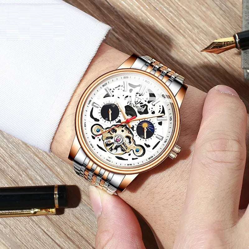 Men's tourbillon mechanical watch with skeleton dial and luminous markers on stainless steel bracelet