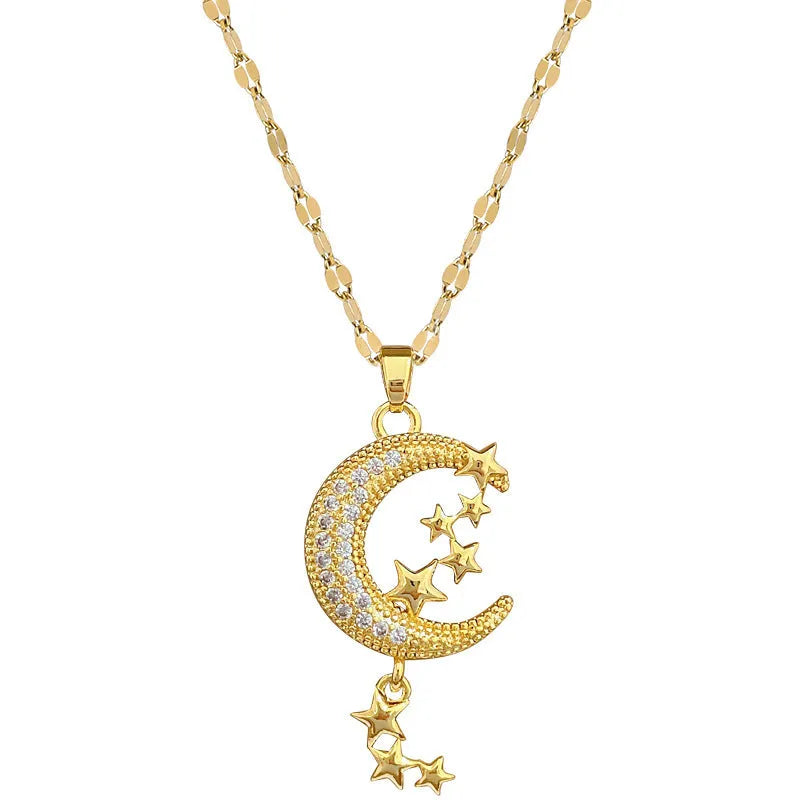 Geometric full moon pendant necklace with crystal setting and tassel on a stainless steel chain.