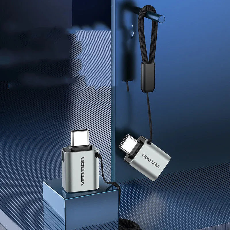 Grey aluminium alloy USB 3.0 Type-C to USB-A OTG adapter with lanyard