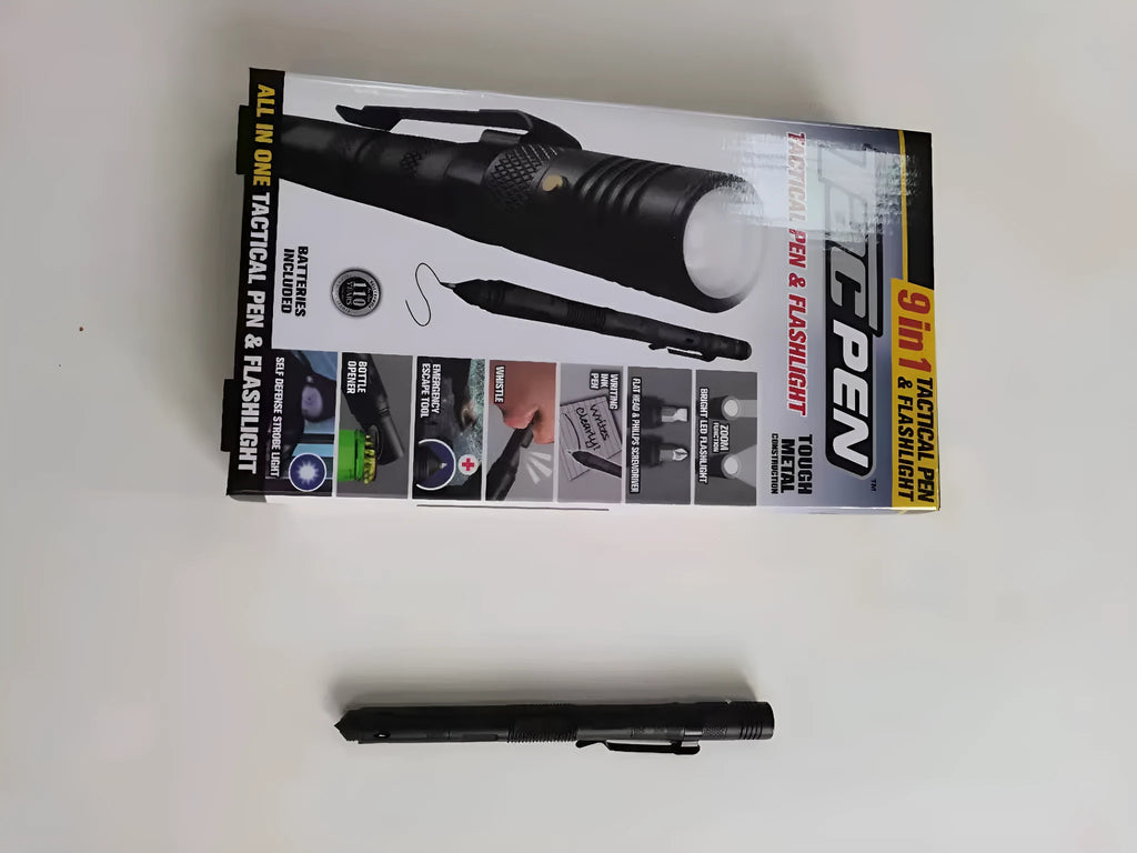 Black multi-function survival pen with built-in LED flashlight and pointed steel window breaker tip.