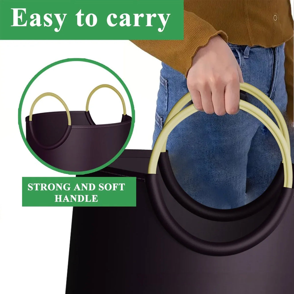 Round portable plastic trash can for office and outdoor use.