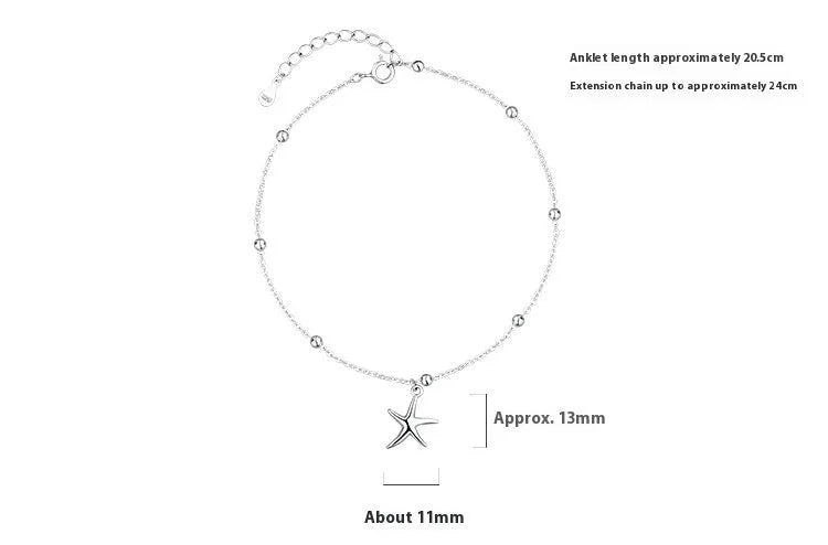Adjustable sterling silver anklet with a small starfish charm and round beads on a fine chain.