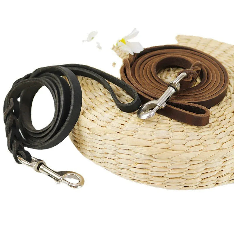 Thickened light brown cowhide leather dog lead for large dogs, shown at 160cm length.