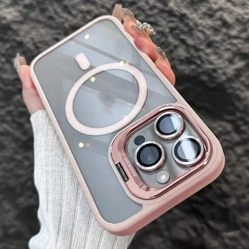Acrylic transparent phone case with magnetic lens bracket in navy blue for iPhone 17 series