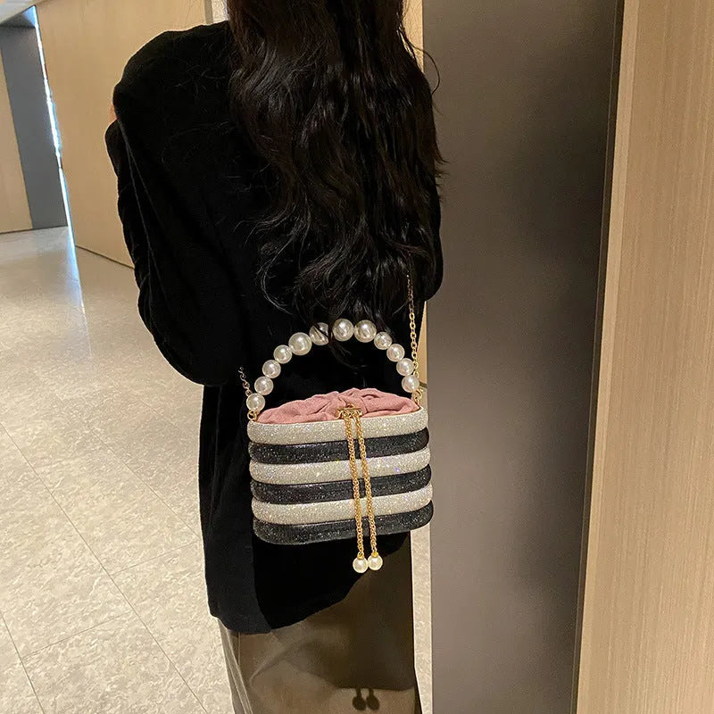 Women's round retro crossbody bag with pearl beading in soft PU material, shown in multiple colours.