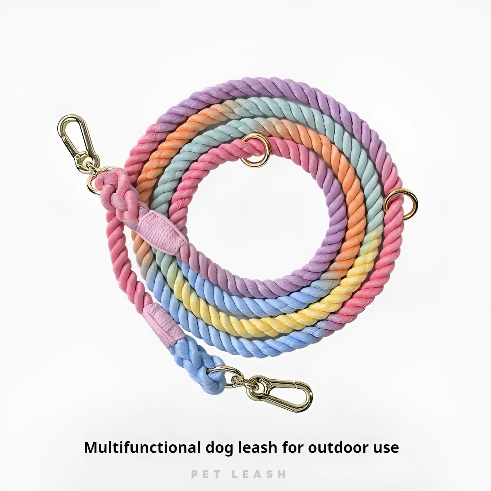 Woven rainbow coloured dog leash with clips at both ends, shown in a choice of colours with silver or gold fittings.