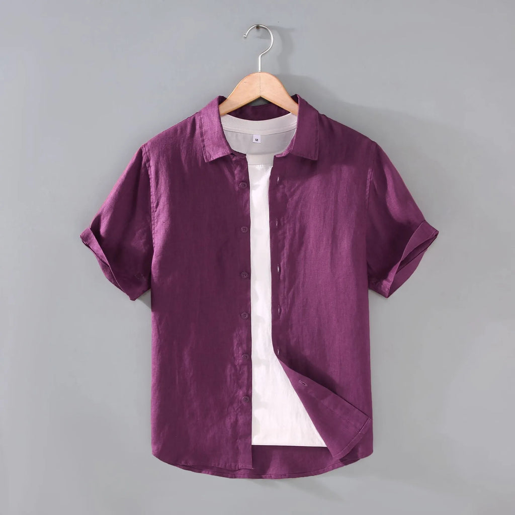Men's casual short-sleeved linen shirt in cardigan style with regular fit