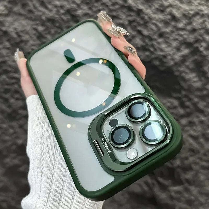 Acrylic transparent phone case with magnetic lens bracket in navy blue for iPhone 17 series