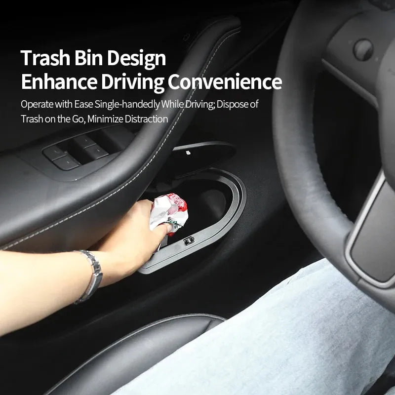 Two matte black ABS plastic storage boxes designed for Tesla Model Y front door pockets