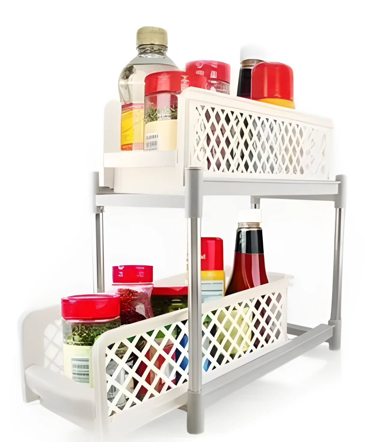 White plastic two-tier desktop storage rack on a bathroom counter holding toiletries, 41.5cm wide