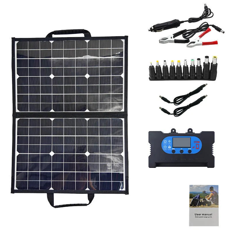 Black folding solar panel bag showing compact 425mm by 285mm size and unfolded solar cells.