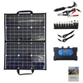 Black folding solar panel bag showing compact 425mm by 285mm size and unfolded solar cells.