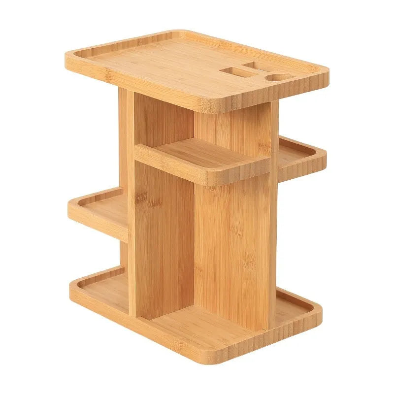 Natural bamboo rotating storage rack with multiple shelves and grid compartments.
