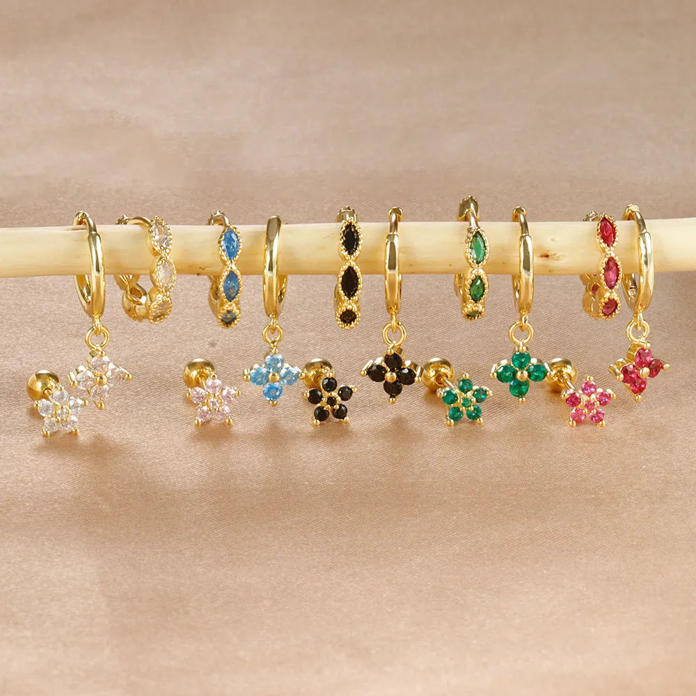 Crystal flowers geometric cartilage earrings set on copper with electroplated gold finish