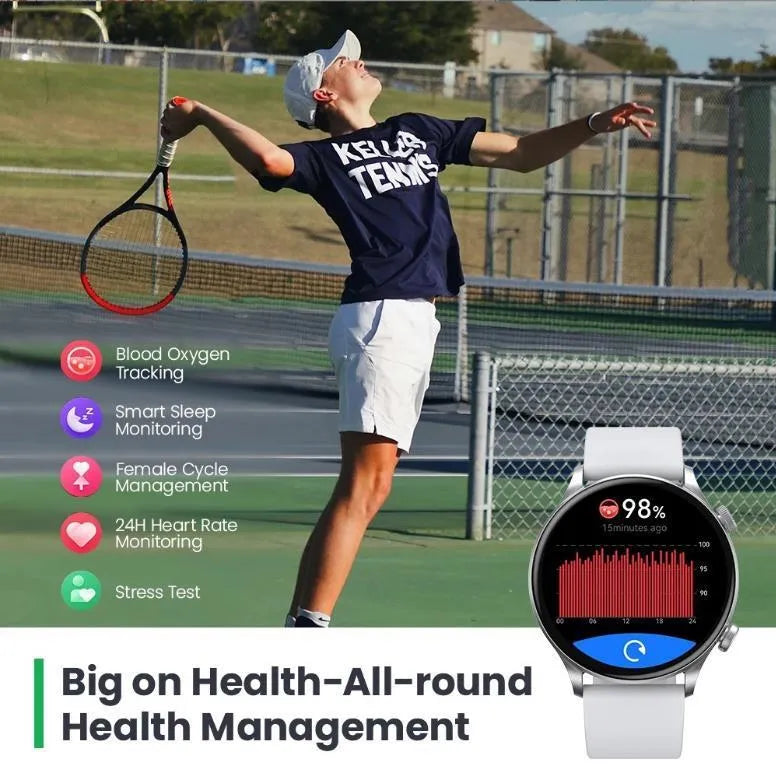 Black and white Bluetooth smartwatch on wrist showing heart rate and call functions on AMOLED display.