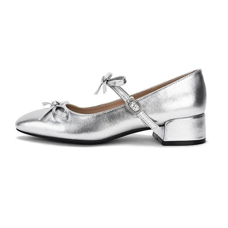 Silver chunky heel square toe low top high heel shoes with microfiber lining, size 34-40