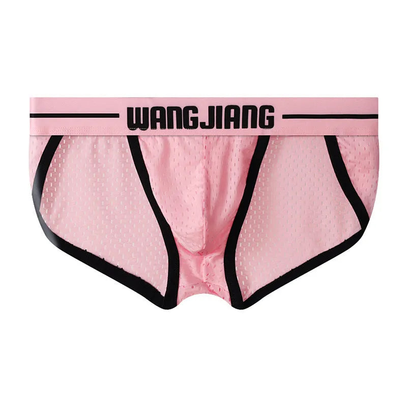 Men's black breathable mesh ice silk triangle underwear briefs laid flat.