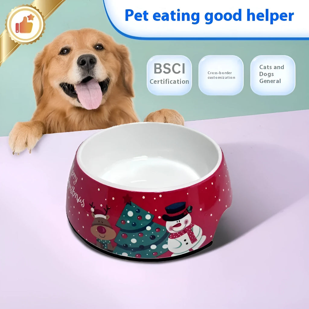 Red double-layer pet bowl with stainless steel insert, shown in three different sizes.