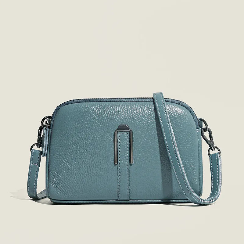 Square horizontal genuine leather women's shoulder bag in dark khaki colour.