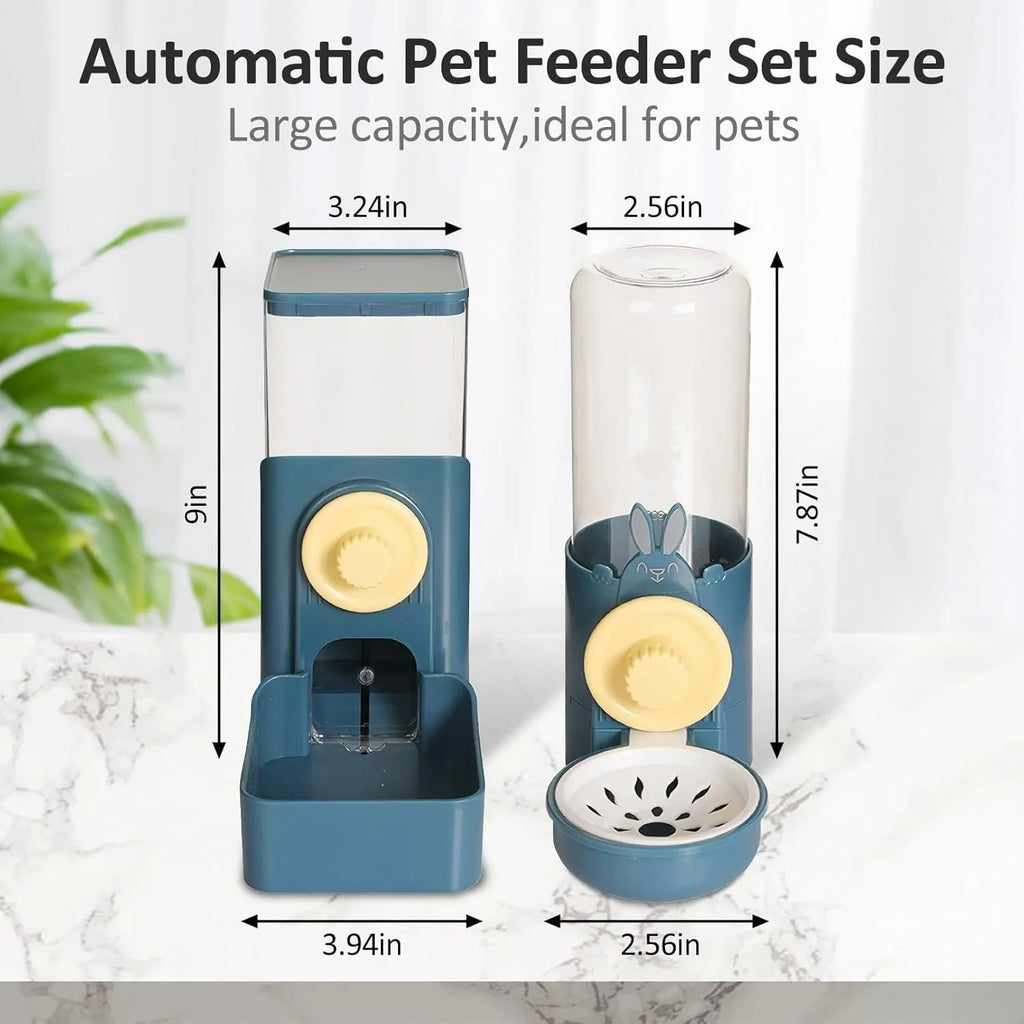 Transparent hanging automatic pet feeder with water and food dispensers for rabbit cages